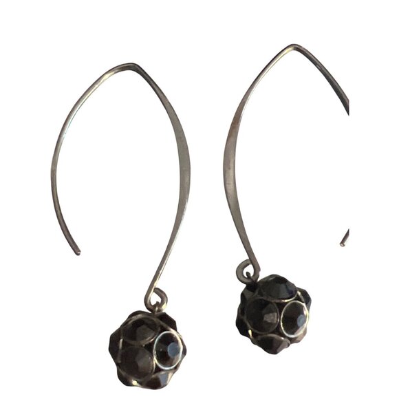 Gunmetal Modern Hoop Earrings Black Glass Faceted Rhinestone Bead Bauble 2.25" - Picture 3 of 4